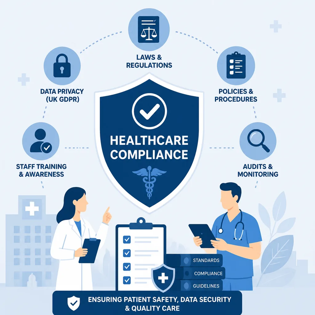 Healthcare information security compliance: UK GDPR data privacy, laws, policies, staff training and audits